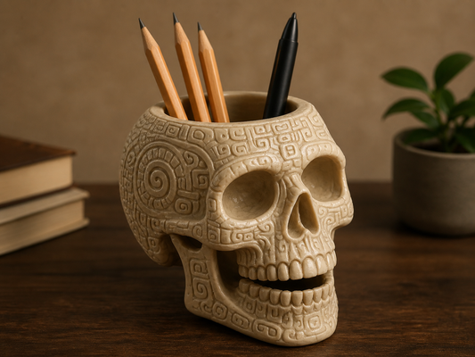 Aztec-Inspired Skull Pen Holder